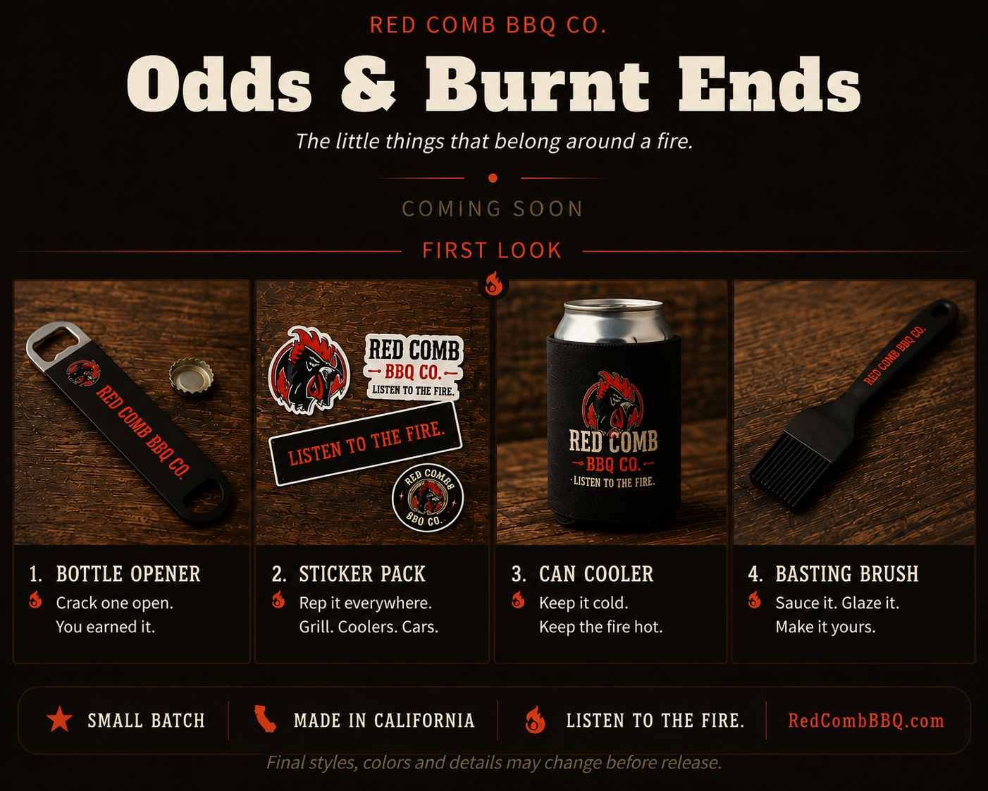 Red Comb BBQ Co Odds and Burnt Ends concept preview showing four products: Bottle Opener, Sticker Pack, Can Cooler, and Basting Brush