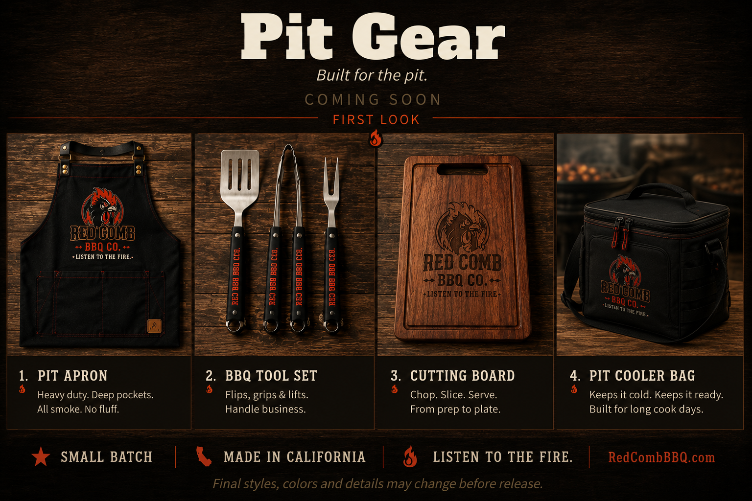Red Comb BBQ Co pit gear concept preview showing four products: Pit Apron, BBQ Tool Set, Cutting Board, and Pit Cooler Bag